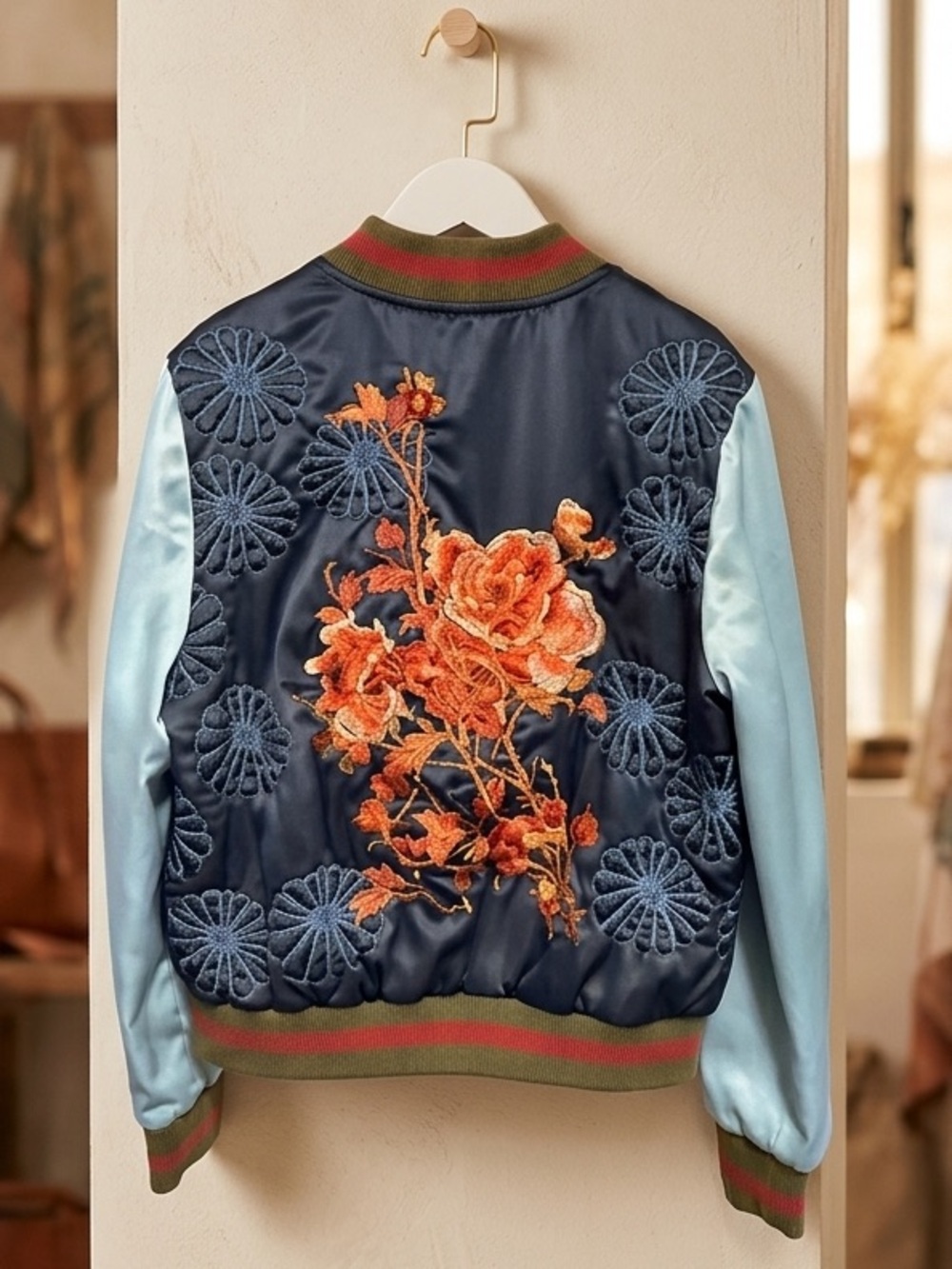 Chelsea & Violet Embroidered Butterfly Floral Bomber Jacket XS Satin Boho Navy